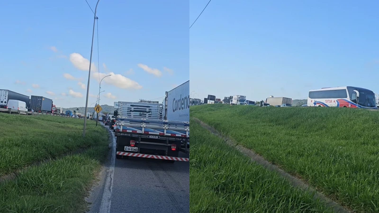 Caminhão fica preso em viaduto e trava trânsito na BR-101 em Itajaí