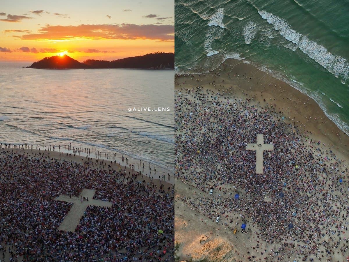 Milhares de fiéis formam cruz na areia e lotam praia de Florianópolis ao amanhecer: “Jesus vive”