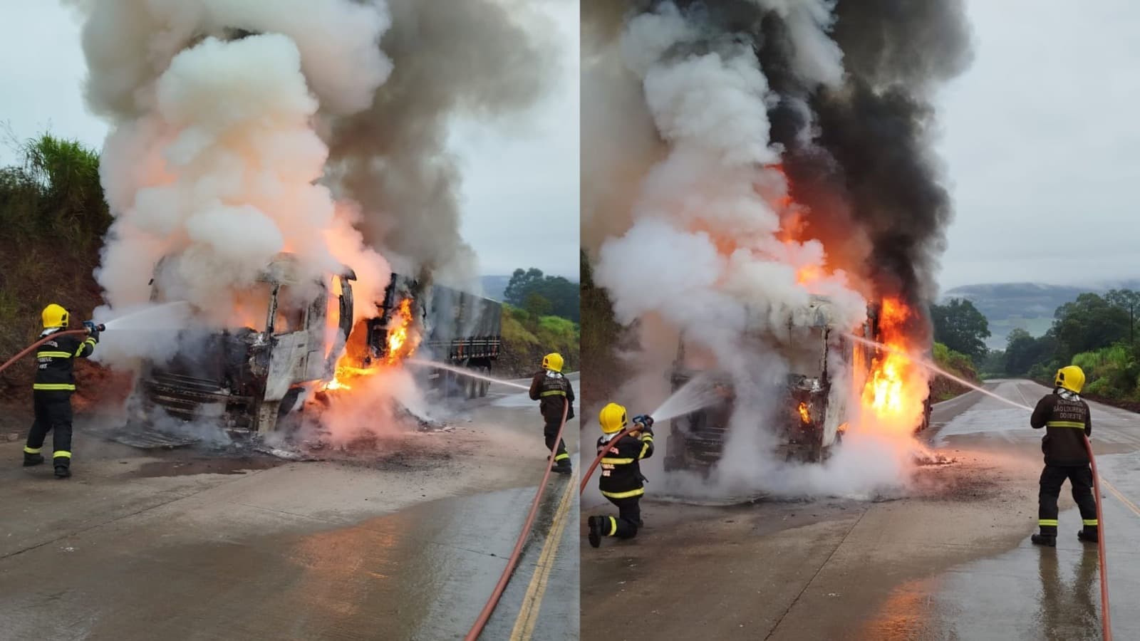 Carreta carregada com farinha de trigo pega fogo e mobiliza bombeiros em SC