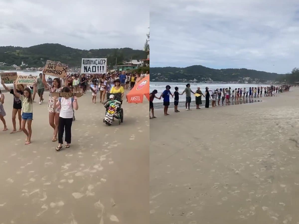 “Iluminação? Não!”: moradores de Garopaba protestam contra instalação de 32 postes na faixa de areia