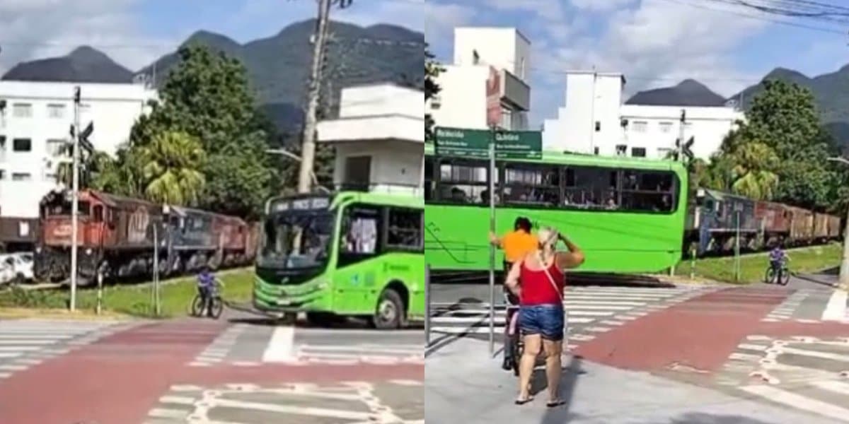 “Apressadinho”: motorista de ônibus ignora buzina e sinalização de trem e quase causa tragédia em SC