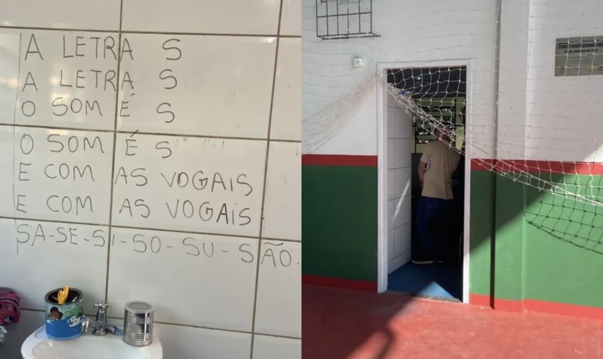 Sem quadro, professora escreve em azulejo para dar aula em escola de Nova Trento
