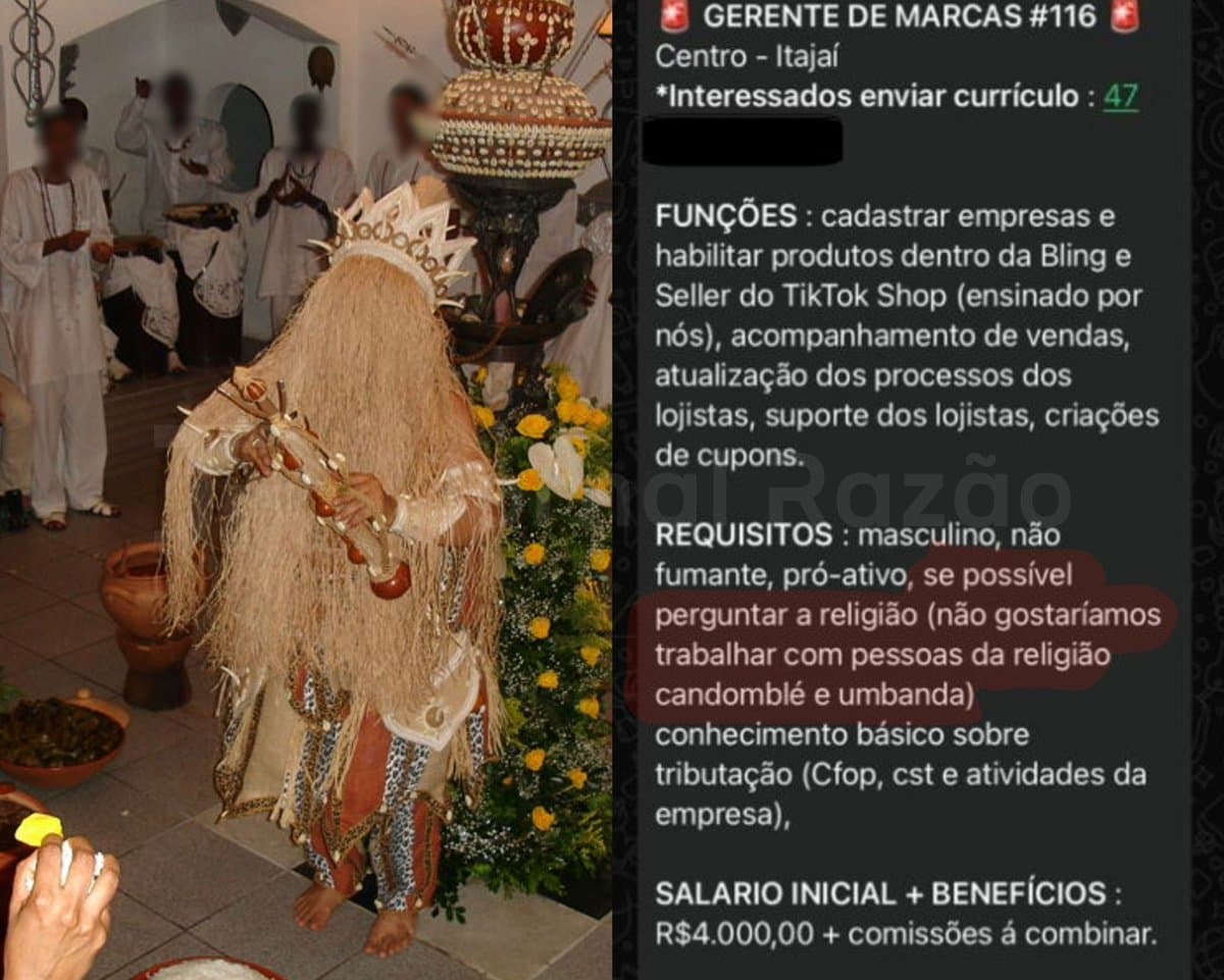 “Não gostaríamos de trabalhar com pessoas do candomblé e umbanda”: vaga de emprego gera revolta em SC