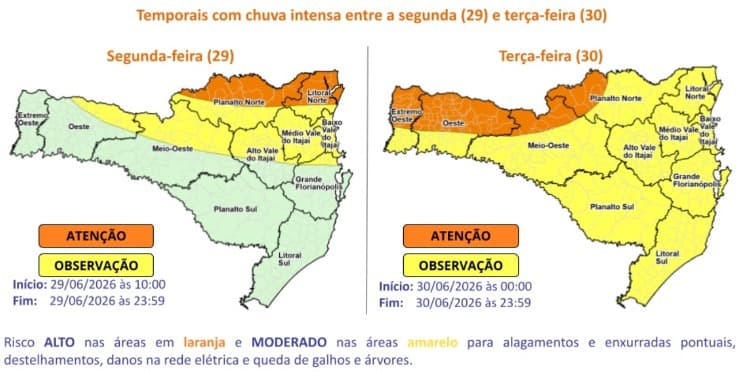 Santa Catarina entra em alerta laranja com risco alto de enxurradas e queda de árvores
