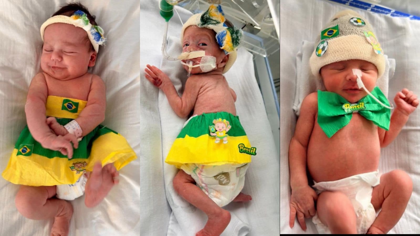 “Iti malia”: bebês da UTI em Itajaí vestem verde e amarelo antes do jogo e fazem a torcida mais fofa do Brasil
