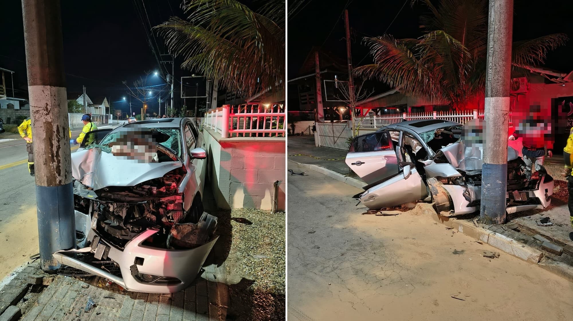 Cinco ficam feridos após carro atingir poste e deixar vítimas presas às ferragens