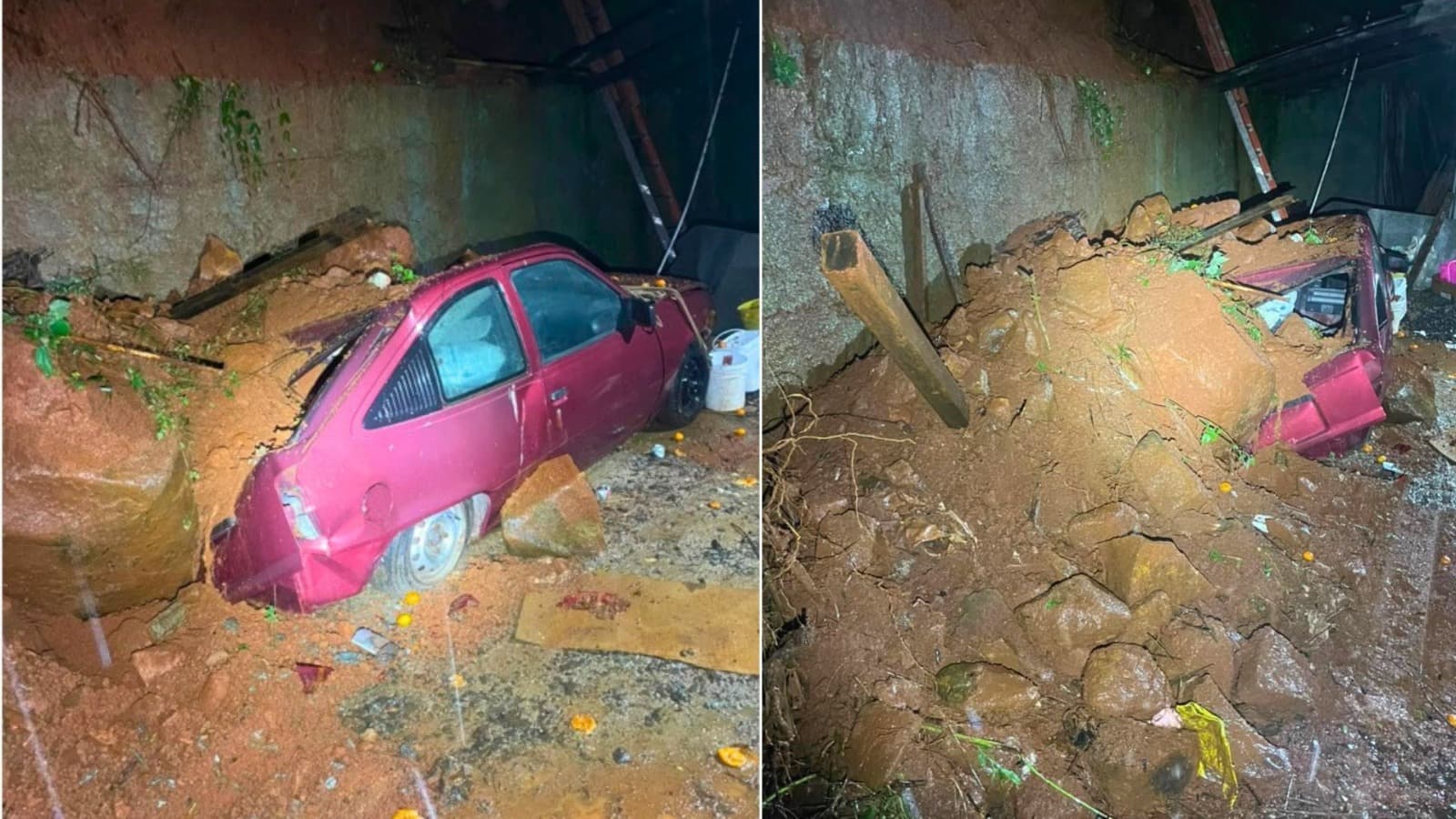 Pedra cai sobre carro e família com três crianças é retirada de casa durante a madrugada em SC