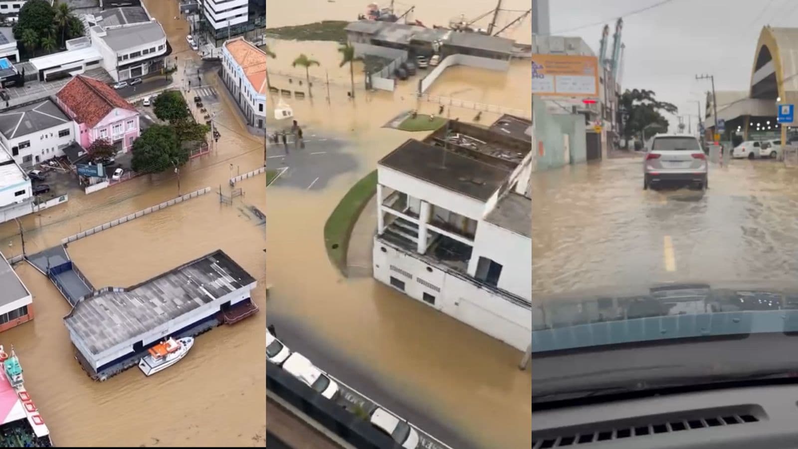 URGENTE: Maré alta força rio Itajaí-Açu a invadir centro de Itajaí e deixar ruas debaixo d”água