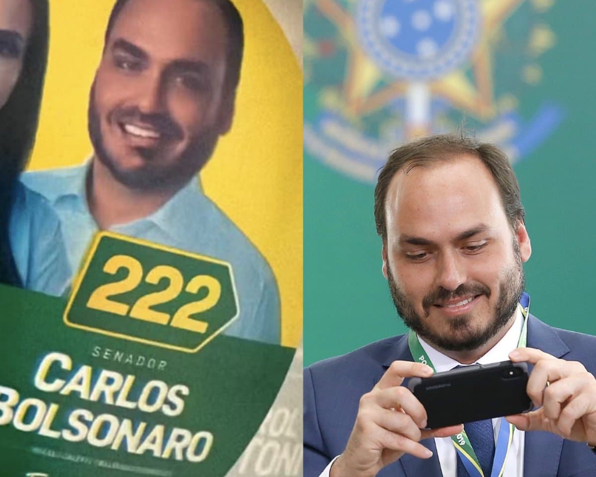 Santinho da campanha de Carlos Bolsonaro ao Senado por Santa Catarina ao lado de foto do candidato