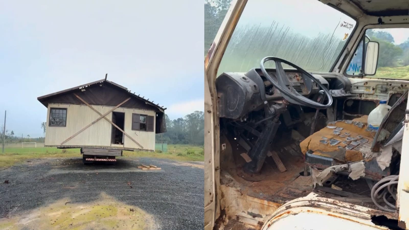 “Coisa que só acontece aqui”: casa de madeira ameaça despencar de caminhão abandonado perto de colégio em SC