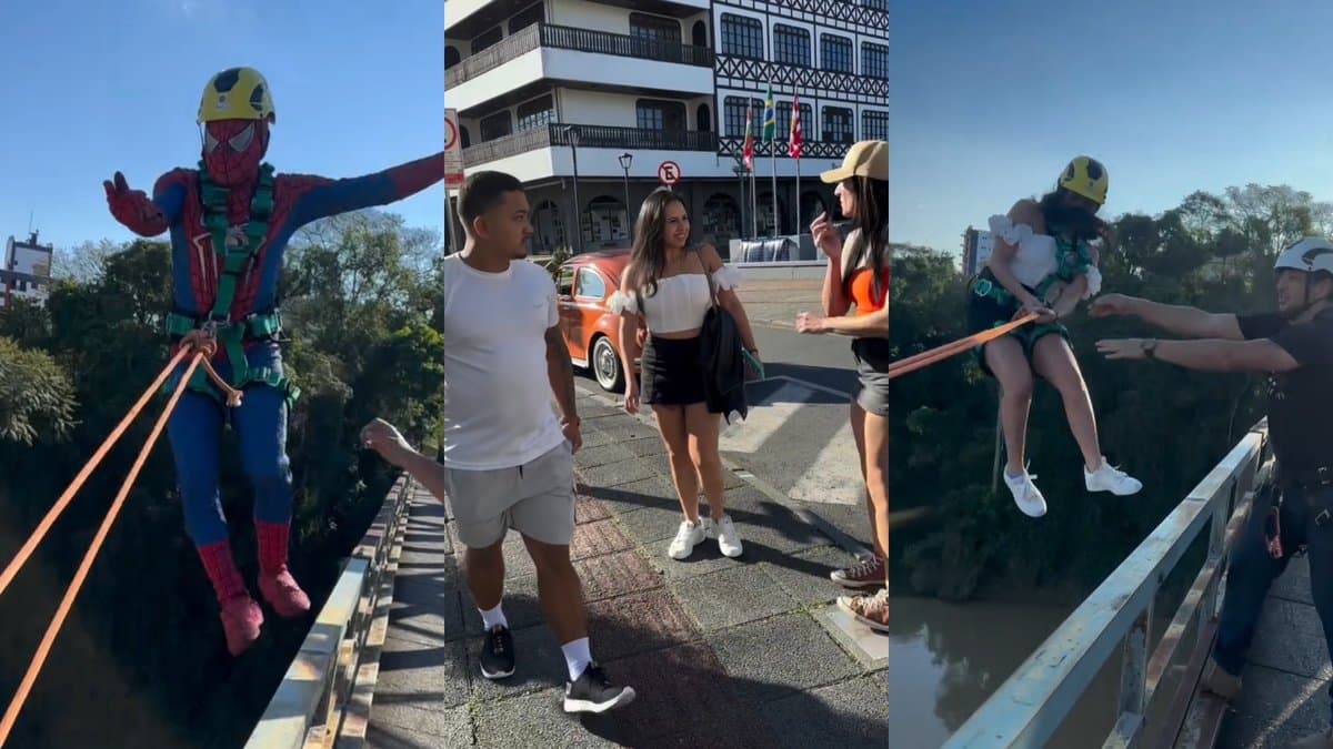 Participantes fazem salto de pêndulo na Ponte de Ferro, em Blumenau, e abordagem nas ruas da cidade