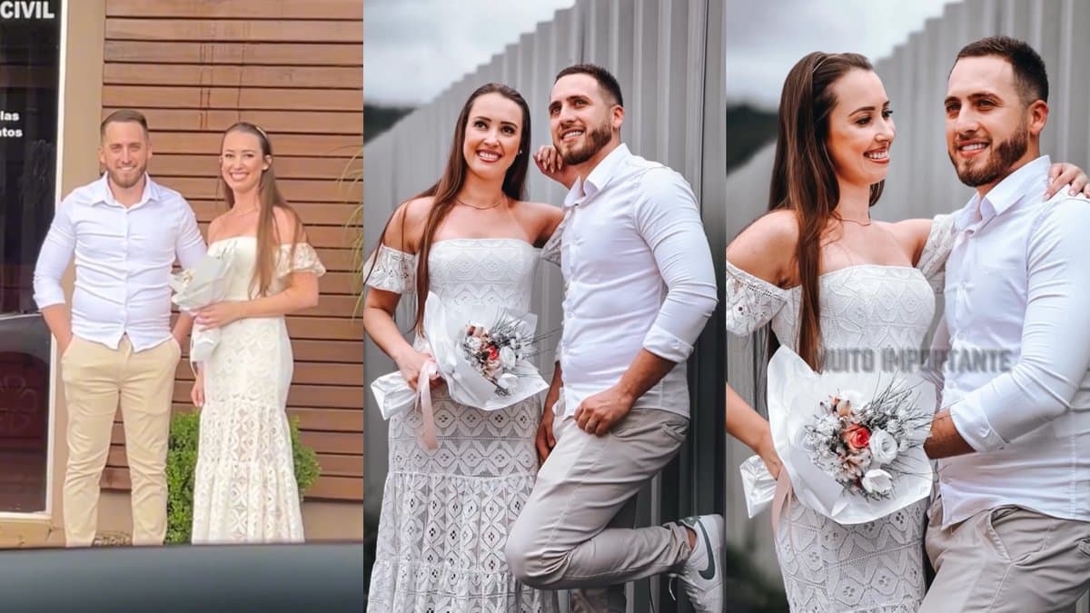 Casal posa para fotos de casamento em ensaio feito na rua em Coronel Freitas