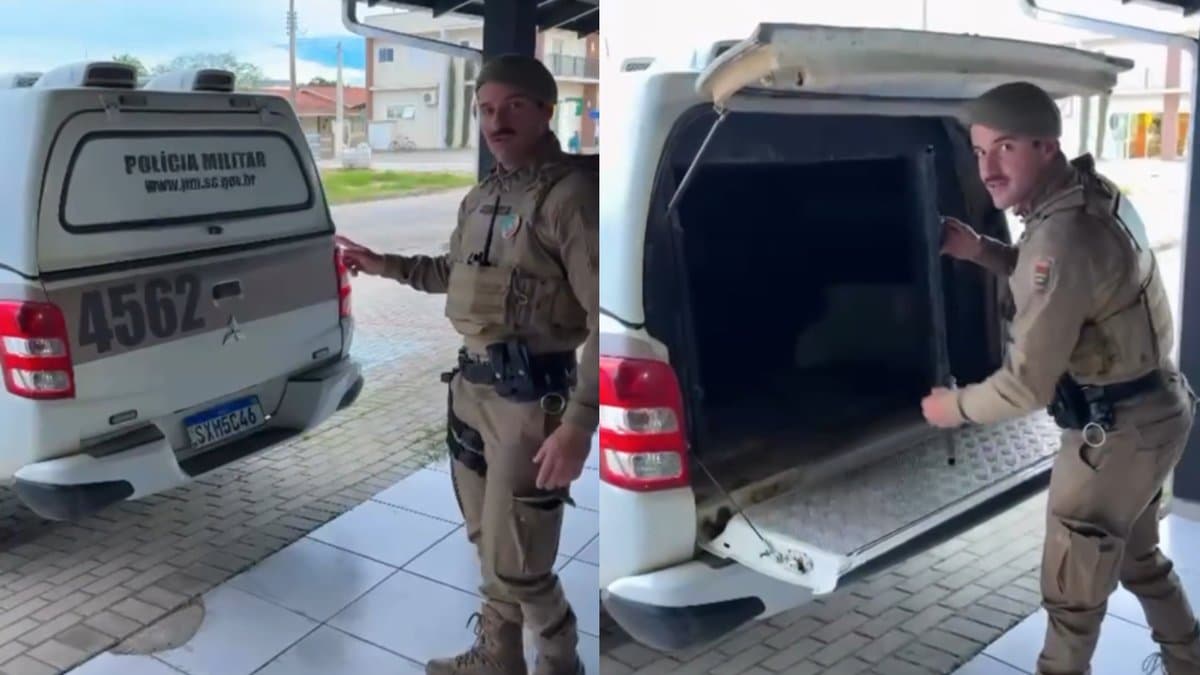 “Quer conhecer?”: PM viraliza ao apresentar como é por dentro do “camburão” da viatura da PMSC