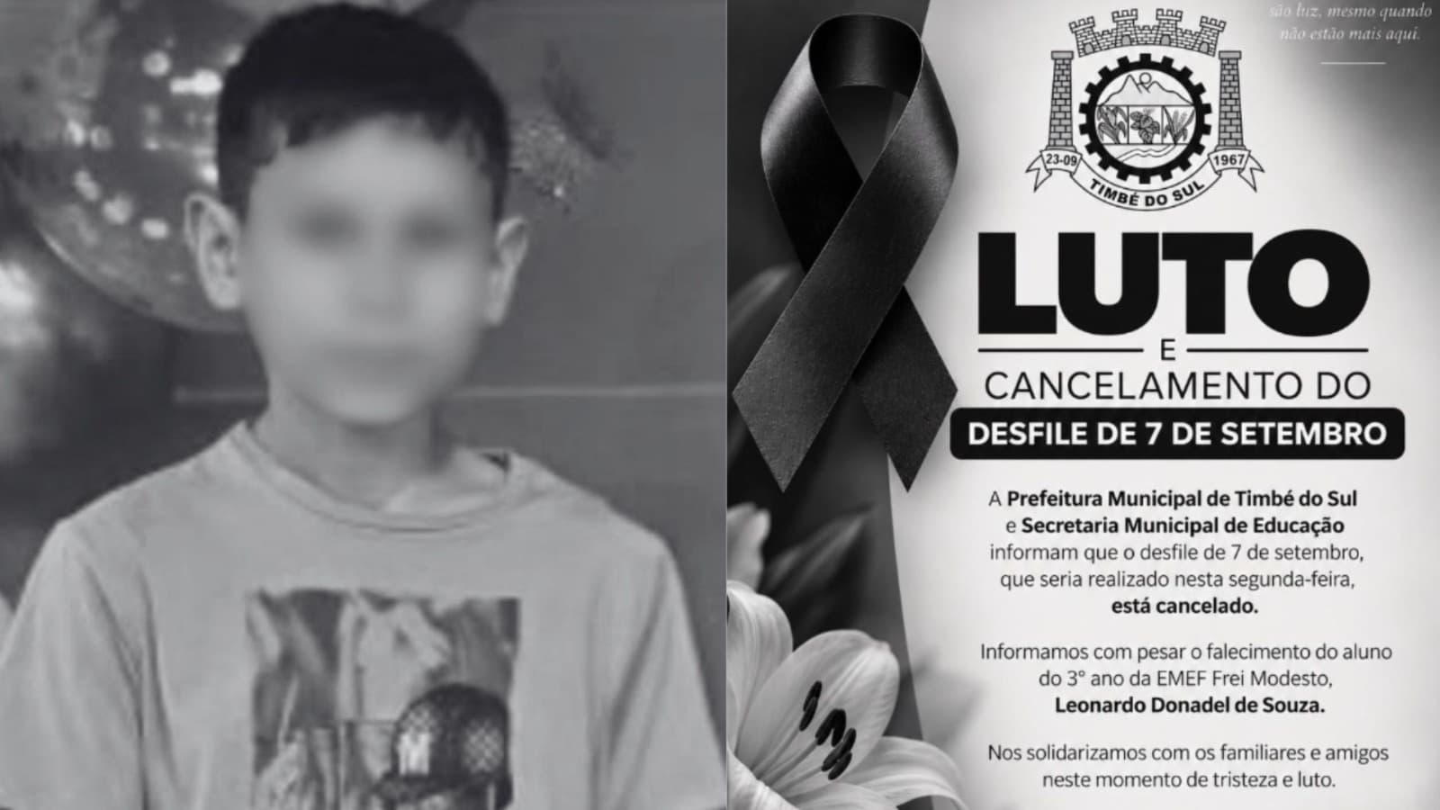 “Hoje está indo um pedaço meu”: cidade de SC cancela desfile de 7 de Setembro após morte de menino de 8 anos