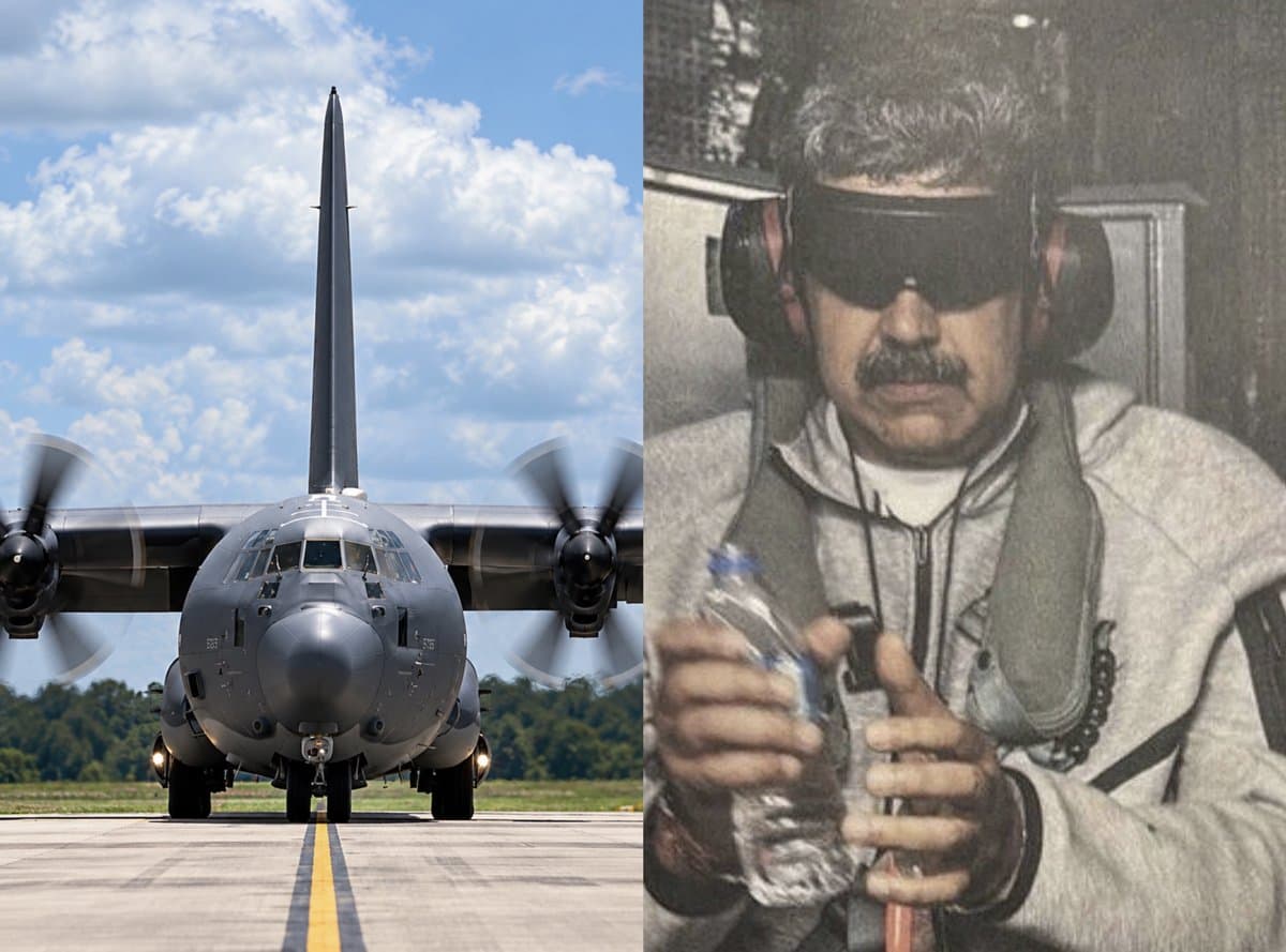Avião HC-130J Combat King II da Força Aérea dos EUA ao lado de foto de Nicolás Maduro após a captura