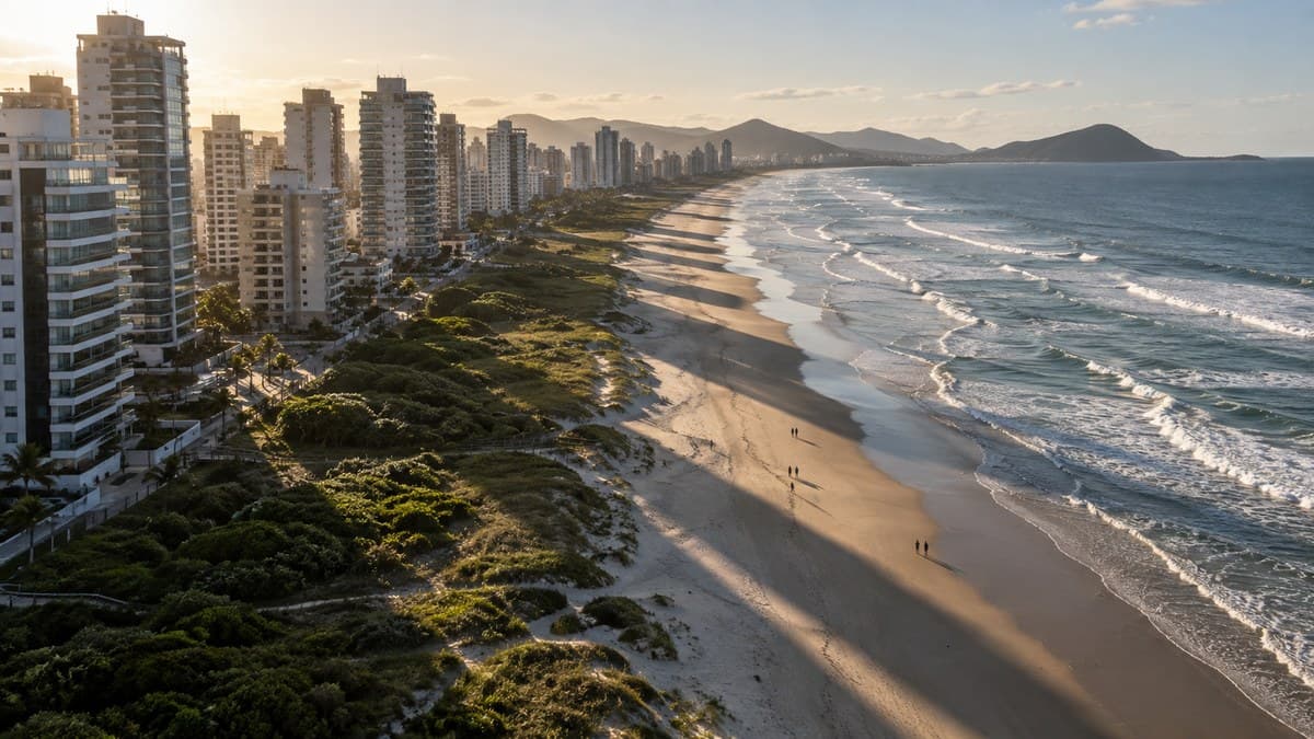 Foto ilustrativa da orla com prédios projetando sombra sobre a faixa de areia