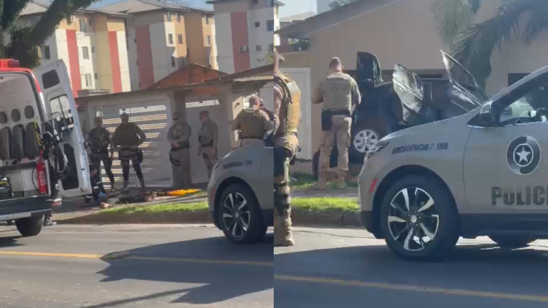 Equipes da PMSC e ambulância na Avenida Assembleia de Deus, em Criciúma, durante ocorrência com baleado