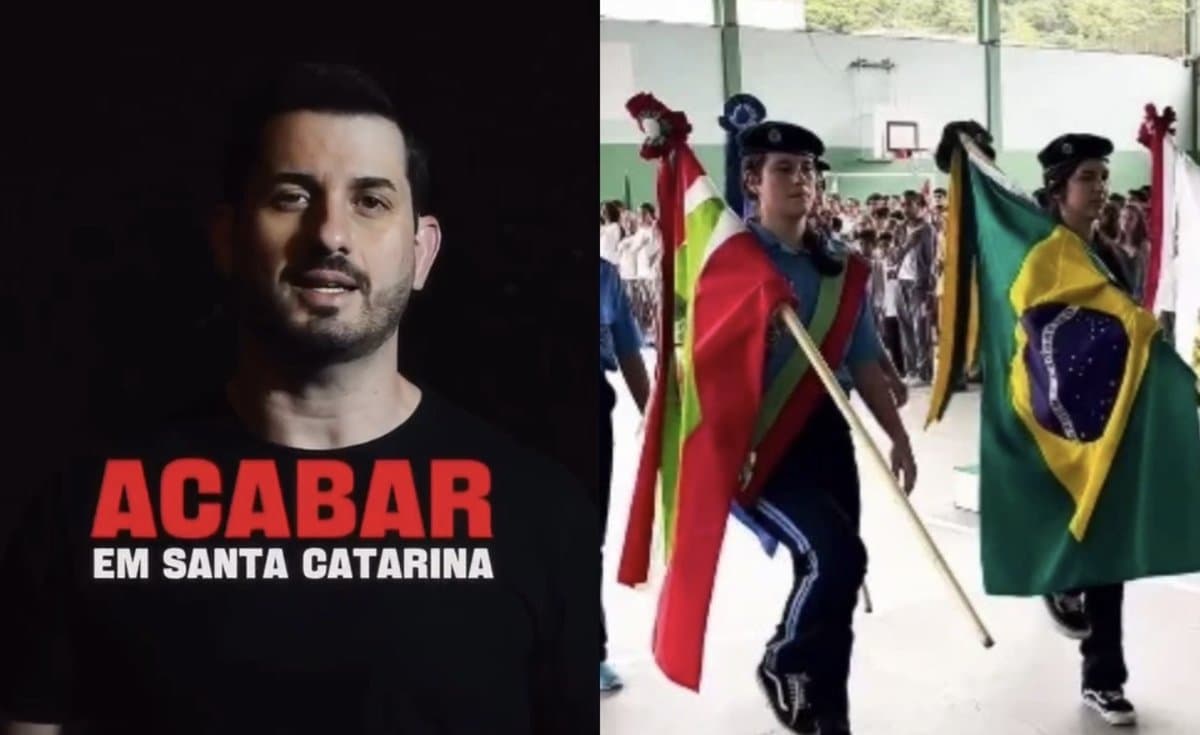 Prefeito de Brusque André Vechi e alunos de escola cívico-militar com bandeiras de Santa Catarina e do Brasil