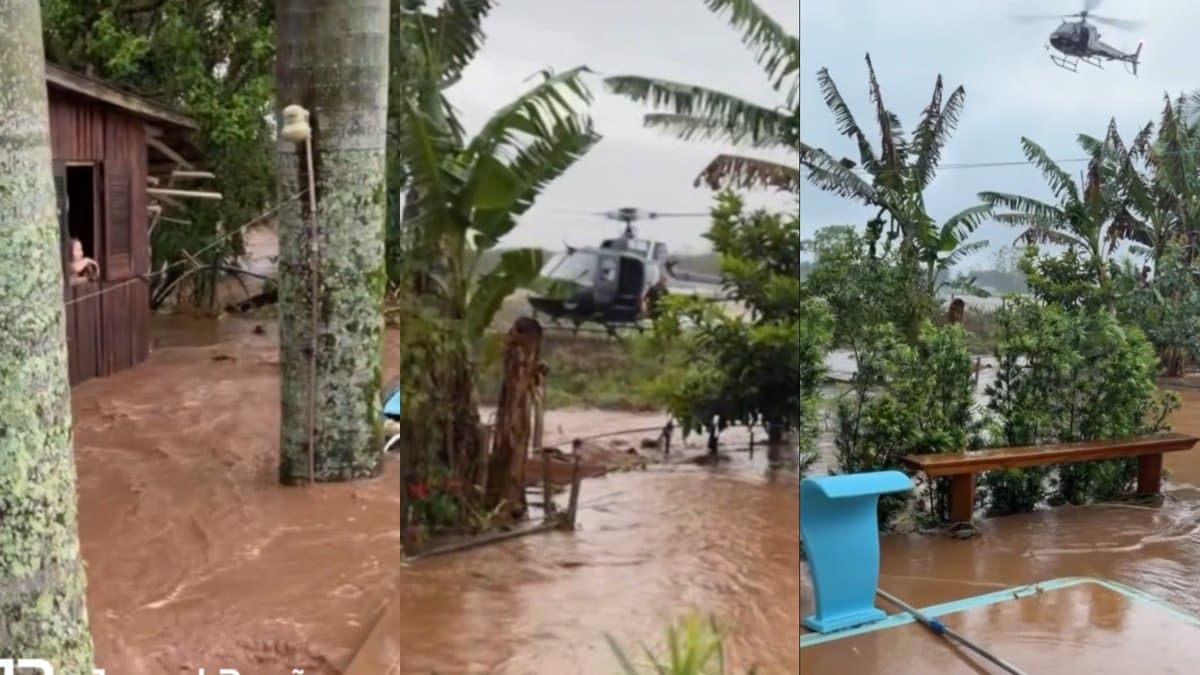 Helicóptero do Saer pousa e sobrevoa terreno tomado pela água durante resgate de família em Timbé do Sul