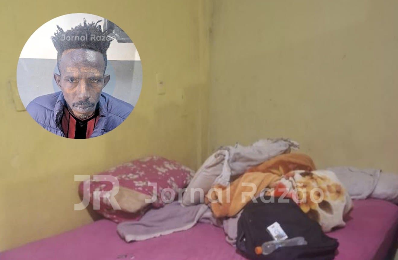 Kitnet onde ocorreu o crime em Criciuma, com foto do suspeito preso em destaque