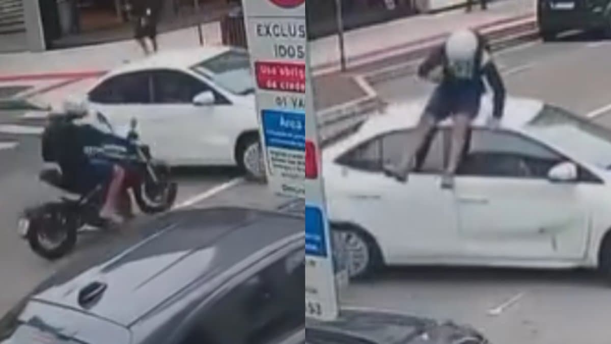 Motociclista é arremessado em colisão e termina sentado “no teto” de carro em Balneário Camboriú