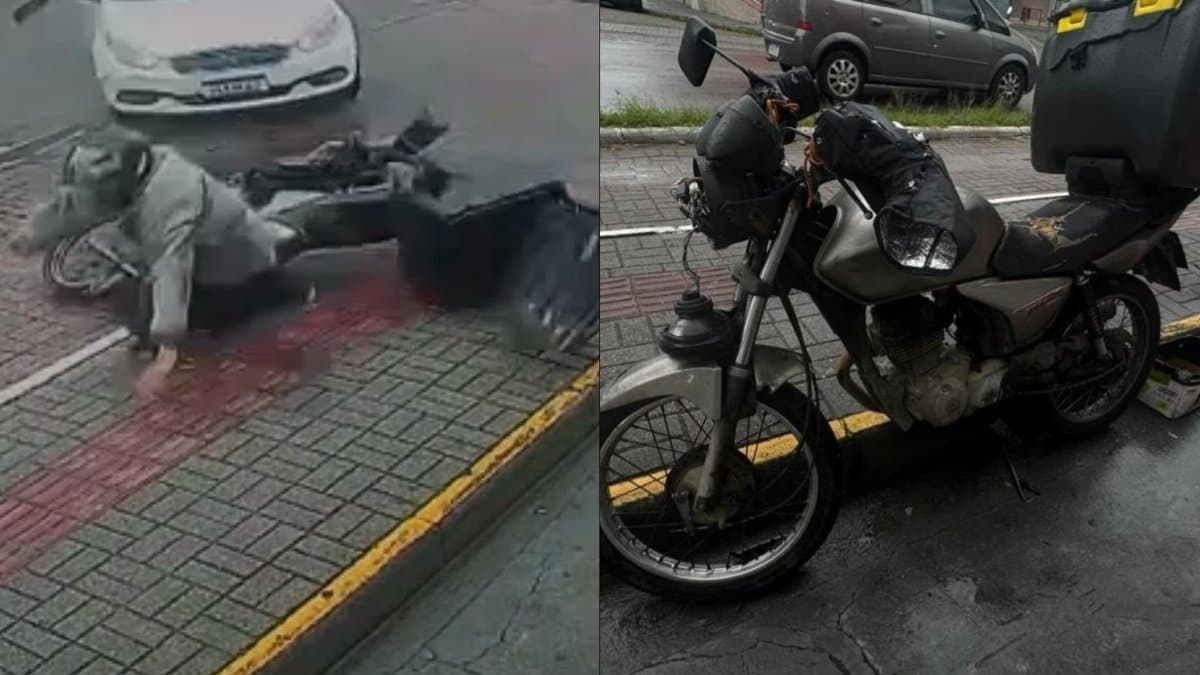 Motociclista tenta ultrapassagem proibida, acerta carro e é lançado contra a vidraça em Florianópolis
