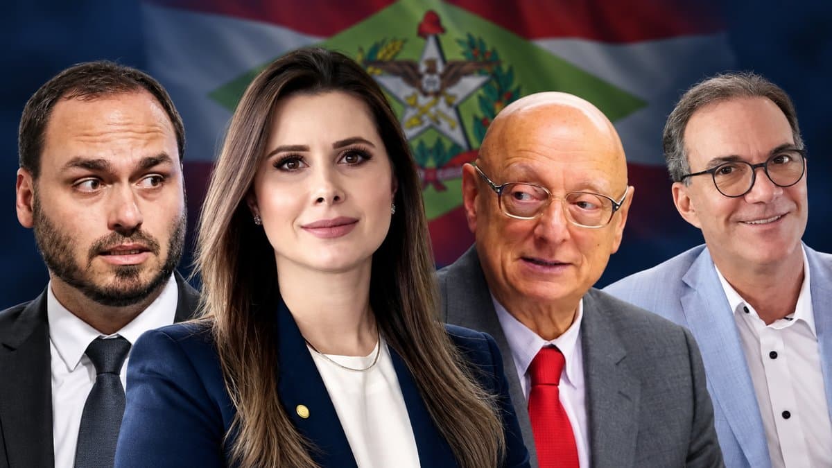 Montagem com os pré-candidatos ao Senado por Santa Catarina diante da bandeira do estado