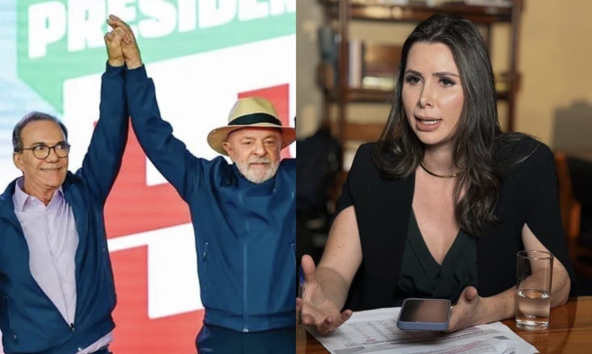 Décio Lima e Lula de mãos erguidas em ato de campanha; Carol de Toni em entrevista