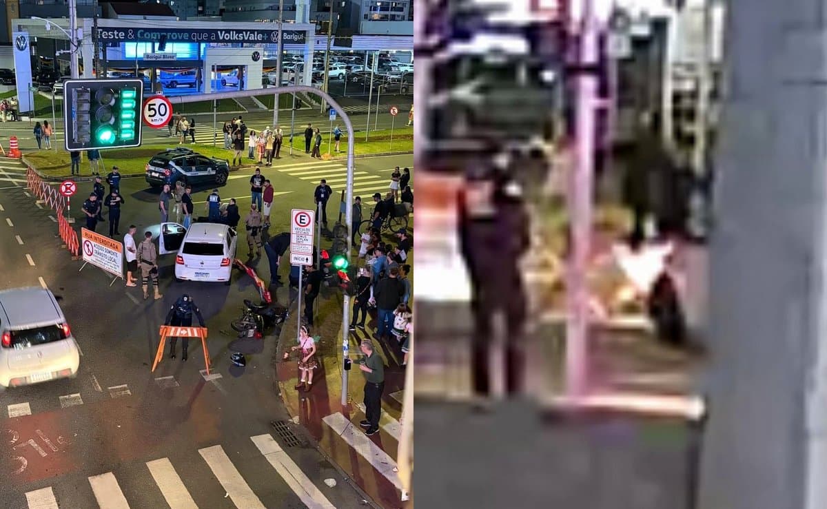 Motorista atropela agente de trânsito e motociclista durante abordagem em frente à Oktoberfest, em Blumenau